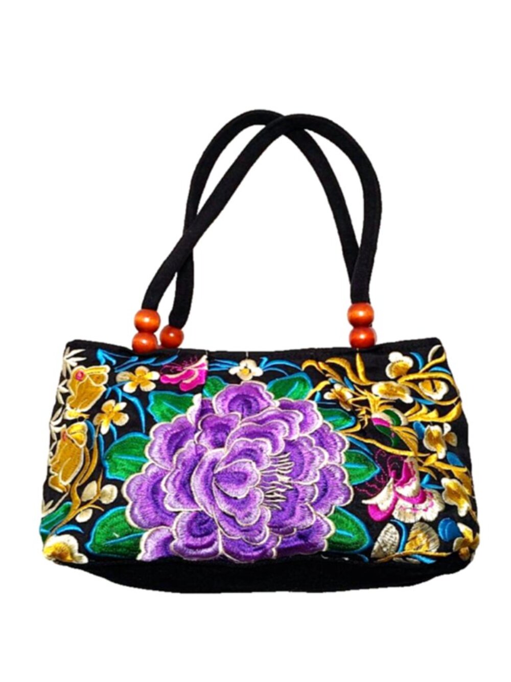 Embroidery Satchel Floral Rabbits Black Purple Canvas Tote Zip Top Handle Lined